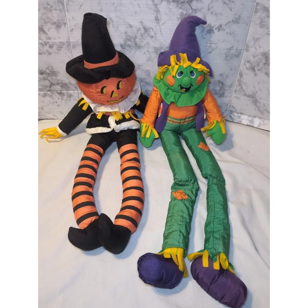 2x Vintage 90s International Silver Co. Halloween Plush Nylon Scarecrows + More